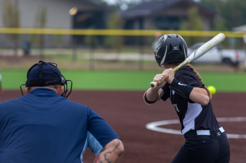 A softball player in black uniform and helmet prepares to bat as the umpire crouches behind, overseeing. The field is a mix of brown dirt and green grass.